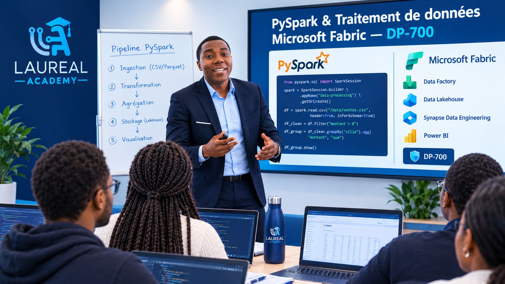 Un formateur Laureal Academy anime un atelier PySpark et traitement de données devant des apprenants équipés d'ordinateurs portables.