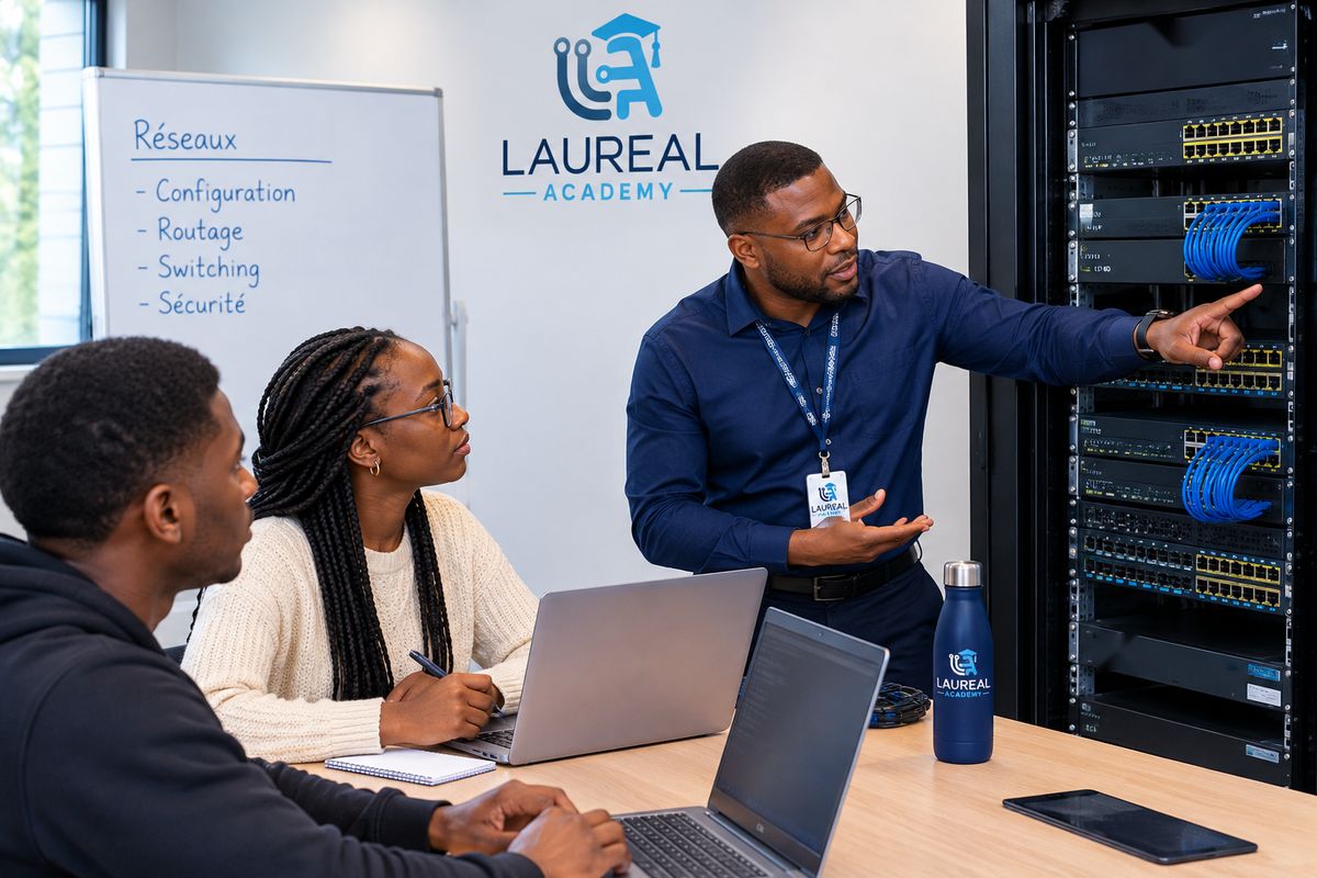 Un formateur Laureal Academy présente une baie réseau à deux apprenants équipés d'ordinateurs portables.